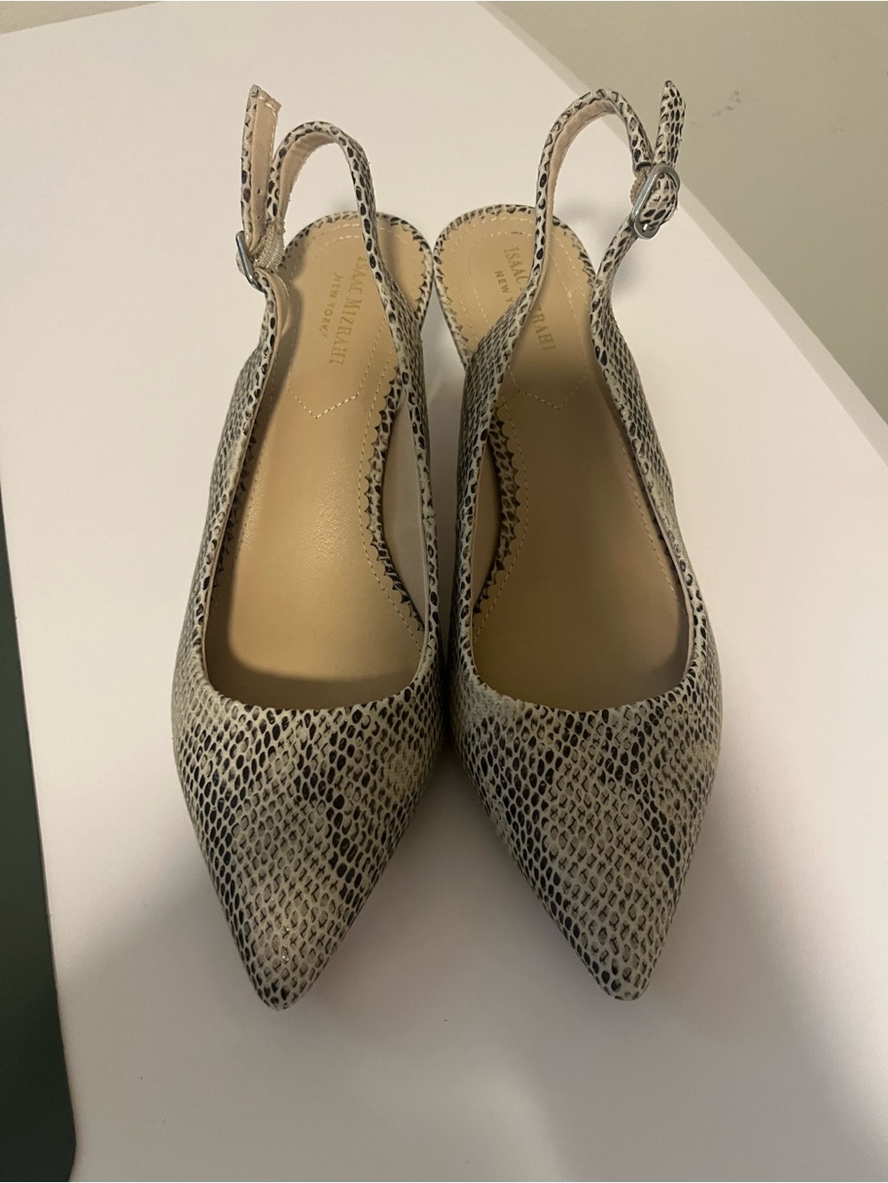 Isaac Mizrahi Snake-Print Pointed Slingback Flats in Beige and Black